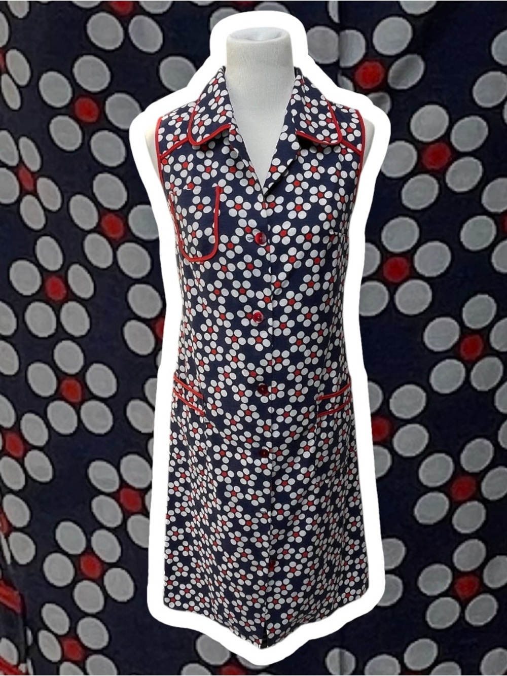 Navy Polka Dot Sleeveless Button Retro Style House Dress with Red Piping